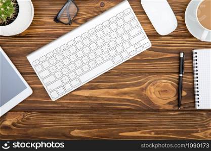 Office desk wood table of Business workplace and business objects,concept business planning and direction background