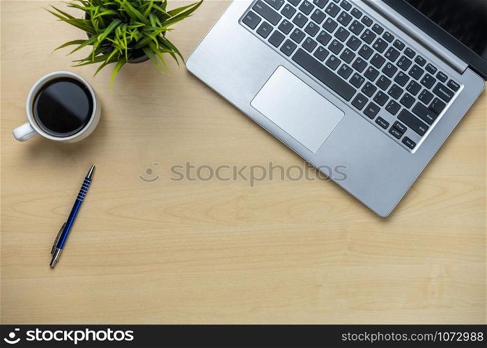 Office desk workspace and table background from top view above flat lay objects. Modern minimal design desktop for creative working. Minimalism concept.