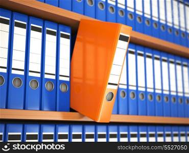 Office file binders on shelf. Archive. 3d