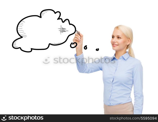 office, idea, business, education and future technology concept - businesswoman drawing text bubble with a marker