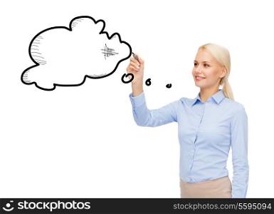 office, idea, business, education and future technology concept - businesswoman drawing text bubble with a marker