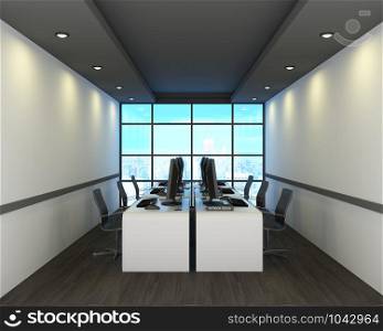 Office in modern style on wooden floor, city view. 3D Rendering