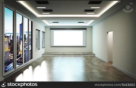 Office in modern style on wooden floor, city view. 3D Rendering