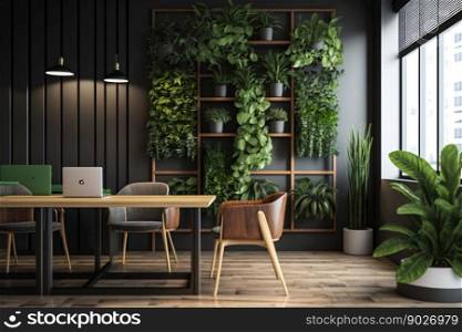 Office interior design with wall plants, wood, industrial. Generative AI. High quality illustration. Office interior design with wall plants, wood, industrial. Generative AI