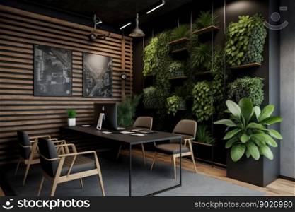 Office interior design with wall plants, wood, industrial. Generative AI. High quality illustration. Office interior design with wall plants, wood, industrial. Generative AI