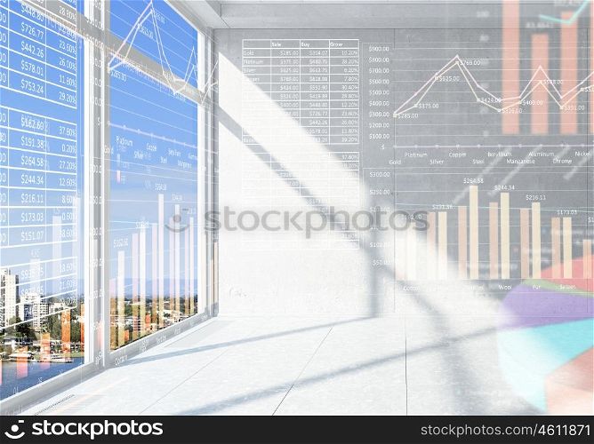 Office interior with graphs and diagrams. Modern office window view with virtual market infographs