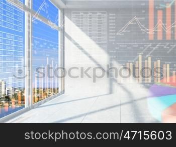 Office interior with graphs and diagrams. Modern office window view with virtual market infographs