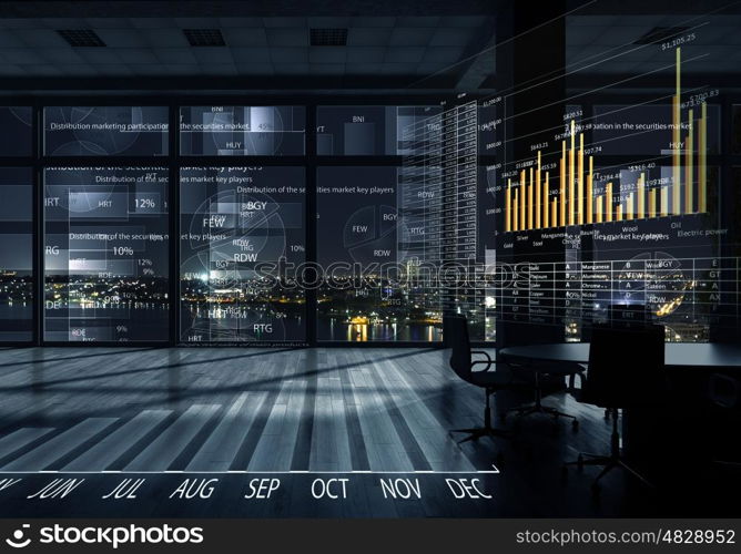 Office interior with graphs and diagrams. Modern office window view with virtual market infographs