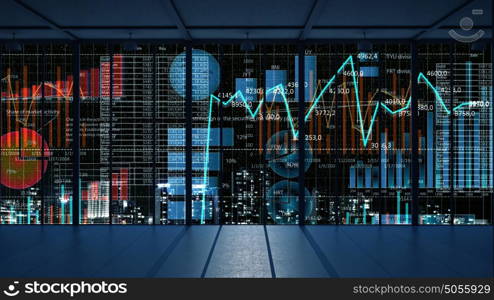 Office interior with graphs and diagrams. Modern office window view with virtual market infographs