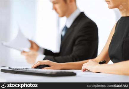 office, law and legal concept - business team on meeting using computer