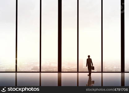 Office life. Businessman standing with back and looking in office window