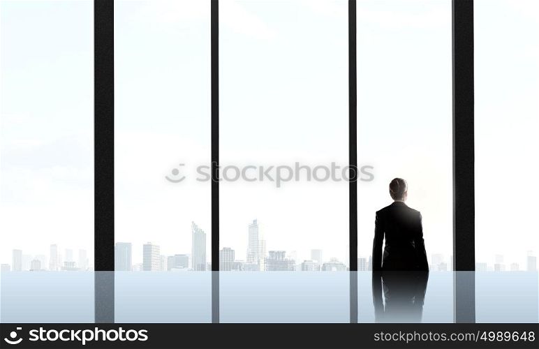 Office life. Businesswoman standing with back and looking in office window