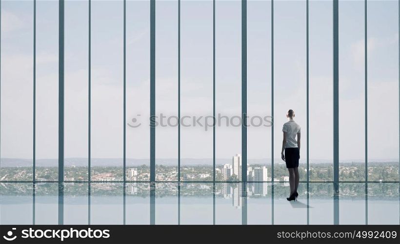 Office life. Businesswoman standing with back and looking in office window