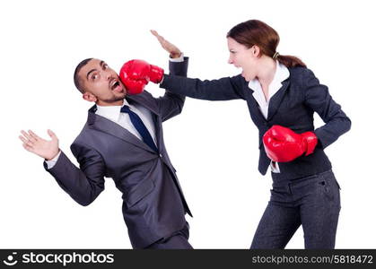 Office pair fighting isolated on white