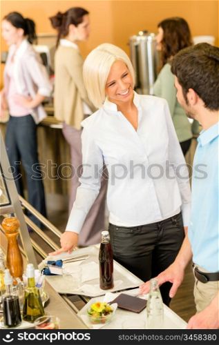 Office people at cafeteria chatting hold serving tray canteen self-service