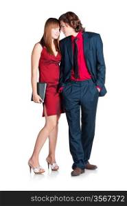 Office romance between colleague; woman in red dress with notebook; man looking at woman on white background