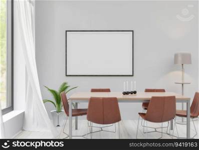 office room with desk and wall frame, 3D style.