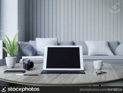 Office room with laptop on the table, 3D style.