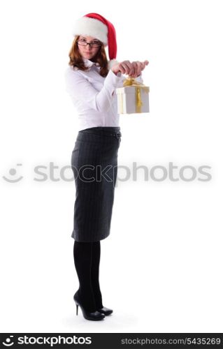 Office santa girl with present isolated on white