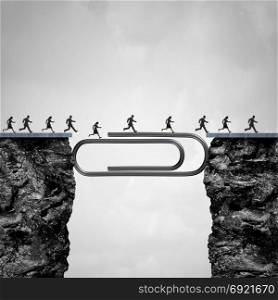 Office solution concept as people crossing a bridge created by a giant paper clip or paperclip as a business worker success metaphor.