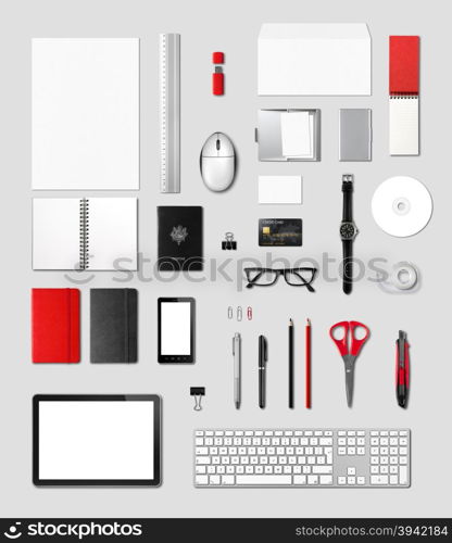 Office supplies mockup template, isolated on grey background