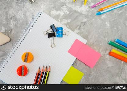 Office supplies, notebook on the table in stationery store, nobody. assortment in shop, accessories for drawing and writing, school equipment