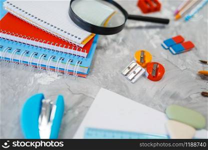 Office supplies on the table, stationery store concept, nobody. assortment in shop, accessories for drawing and writing, school equipment