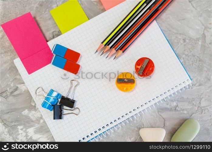 Office supplies on the table, stationery store concept, nobody. assortment in shop, accessories for drawing and writing, school equipment. Office supplies, stationery store concept