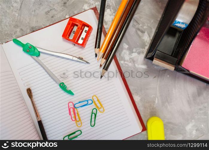 Office supplies, pencil sharpener on the table in stationery store, nobody. assortment in shop, accessories for drawing and writing, school equipment. Office supplies, pencil sharpener, stationery