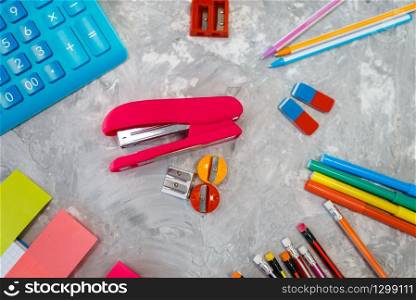 Office supplies, stapler on the table in stationery store, nobody. assortment in shop, accessories for drawing and writing, school equipment