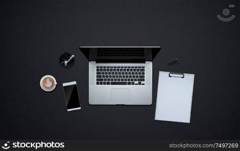 Office supplies with copy space on black background . Flat lay and top view business desk lifestyle concept.