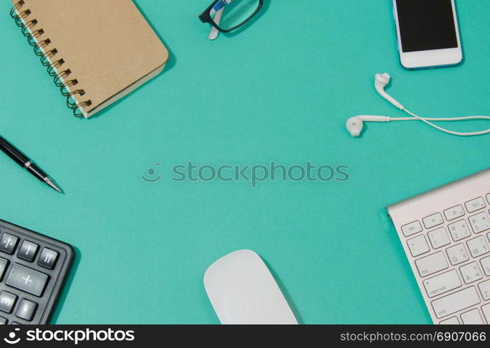 Office table with computer and mouse.Top View with copy space