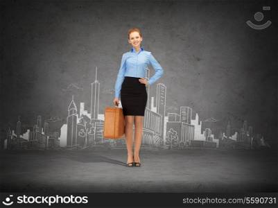 office, travel and business concept - smiling businesswoman with suitcase