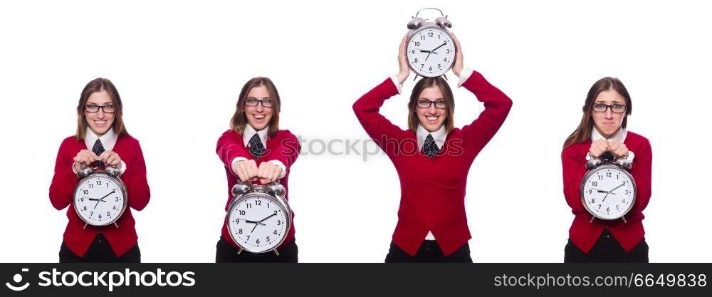 Office worker holding alarm clock isolated on white