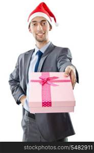Office worker offering giftbox on white