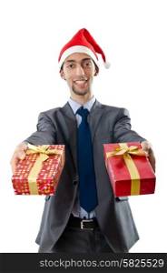Office worker offering giftbox on white