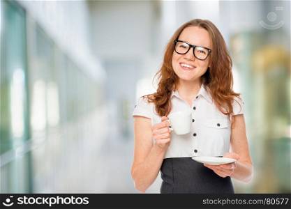 office worker with a cup of coffee, left space in the office