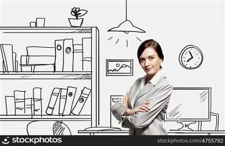 Office worker. Young confident businesswoman standing in drawn office