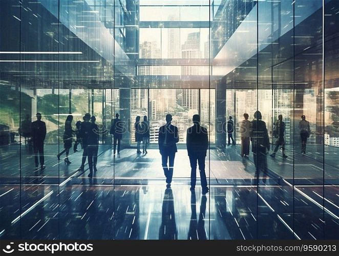Office workers in glass building of large business centre.AI Generative