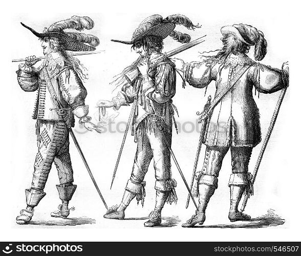 Officer and Musketeer on foot of the French Guards, in 1635, Officer with the hongreline, in 1643, vintage engraved illustration. Magasin Pittoresque 1858.