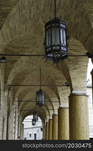 Offida, historic town in the Ascoli Piceno province, Marche, Italy. The main square, portico
