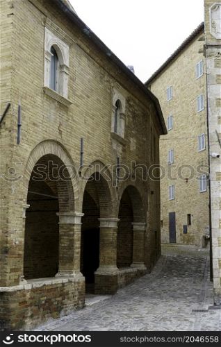 Offida, historic town in the Ascoli Piceno province, Marche, Italy. The main square, portico