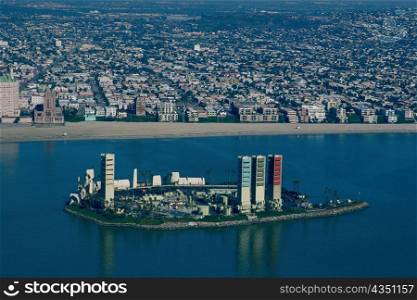 Offshore oil rigs disguised as highrises, Long Beach, California