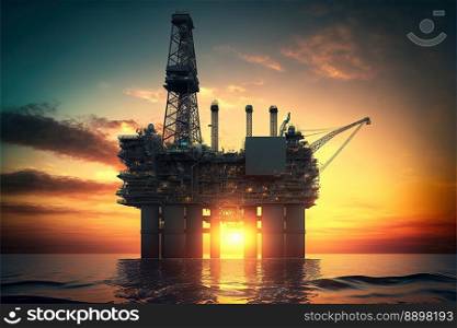 
Offshore petroleum platform oil rig and gas at sea water sunset light - created by generative AI