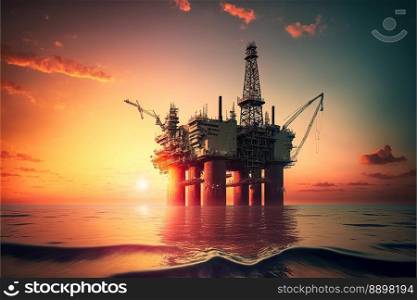  Offshore petroleum platform oil rig and gas at sea water sunset light - created by generative AI