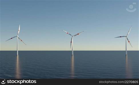 Offshore wind turbines. Wind power generator. A rotating propeller. Natural energy. windmill eco. 3D rendering
