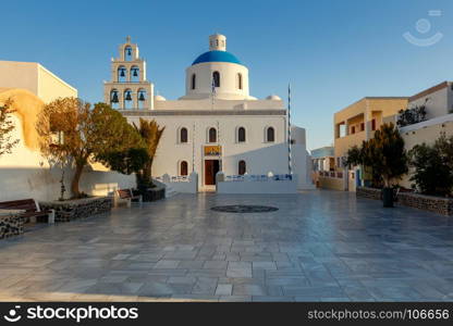 Oia. Church of Panagia.. Main white blue orthodox church of Panagia Platsani, in the village of Oia. Santorini.