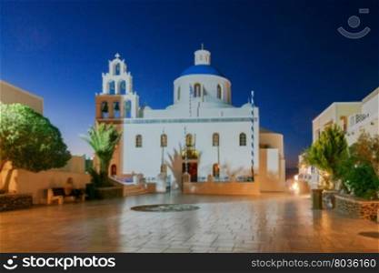 Oia. Church of Panagia.. The main white blue orthodox church of Panagia Platsani night. Oia. Santorini.