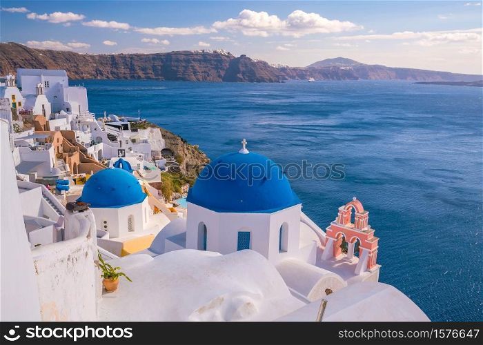 Oia town cityscape at Santorini island in Greece. Aegean sea