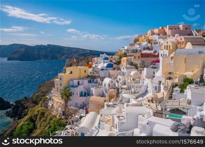 Oia town cityscape at Santorini island in Greece. Aegean sea
